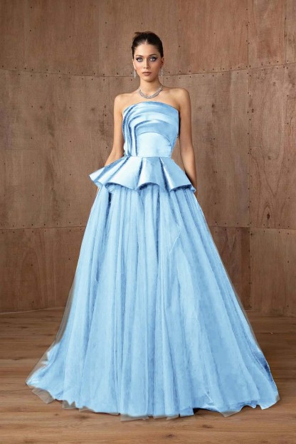 Tulle Strapless Sleeveless A Line Long Prom Dress With Ruffles