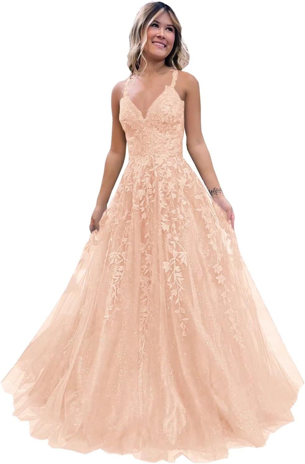 Tulle Lace Appliques Sparkly Prom Dresses A Line with Slit V Neck Formal Party Dress-BMbridal.UK