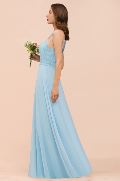 BMbridal Chic Halter Sleeveless Affordable Sky Blue Bridesmaid Dress with Lace-BMbridal