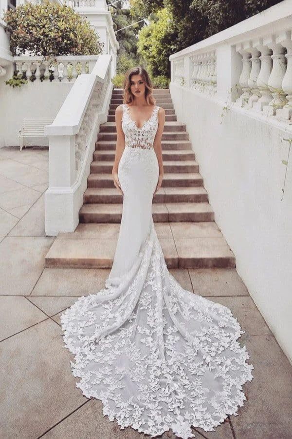 Loyeloy Women's Wedding Dresses for Bride 2025 Sexy V Neck Slit Lace Bridal Wedding Gowns for Bride YJ010-BMbridal.UK