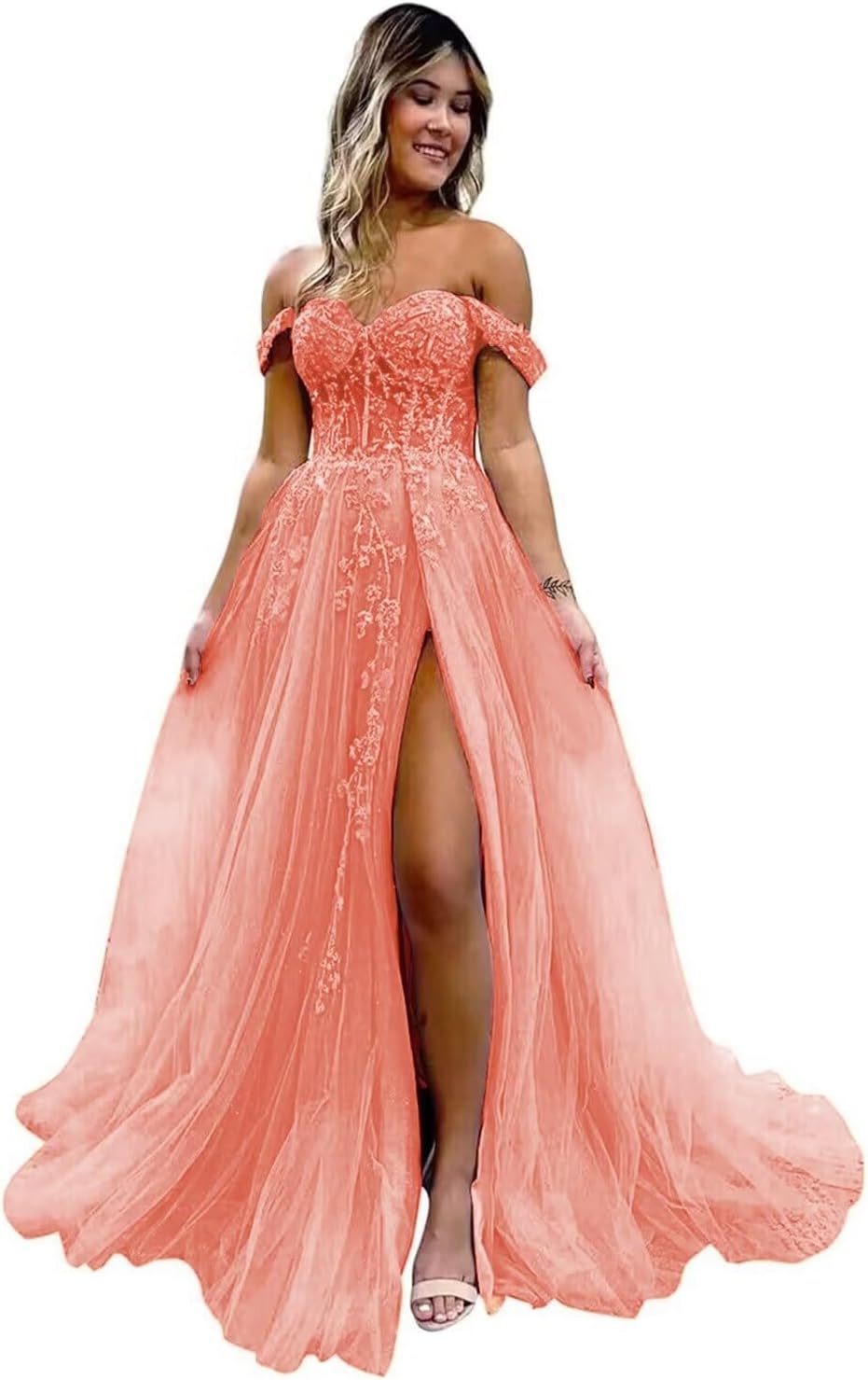 Off The Shoulder Tulle Prom Dresses with Slit Laces Applique Sweetheart Long Formal Evening Party Gowns-BMbridal.UK