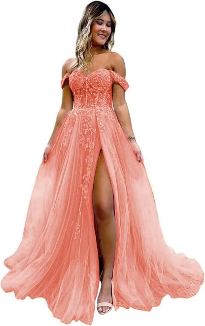 Off The Shoulder Tulle Prom Dresses with Slit Laces Applique Sweetheart Long Formal Evening Party Gowns-BMbridal.UK