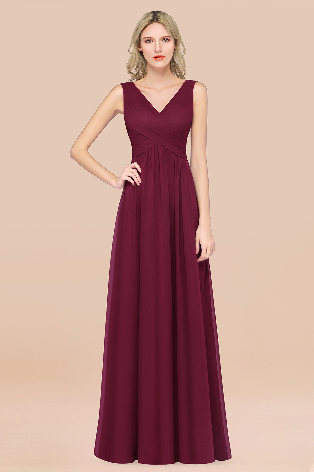 BMbridal Glamorous Chiffon V-Neck Sleeveless Burgundy Bridesmaid Dress with Draped Back-BMbridal