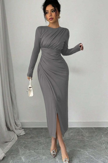 Long Sleeves Jewel Neck Tea Length Prom Dress With Split Pleated