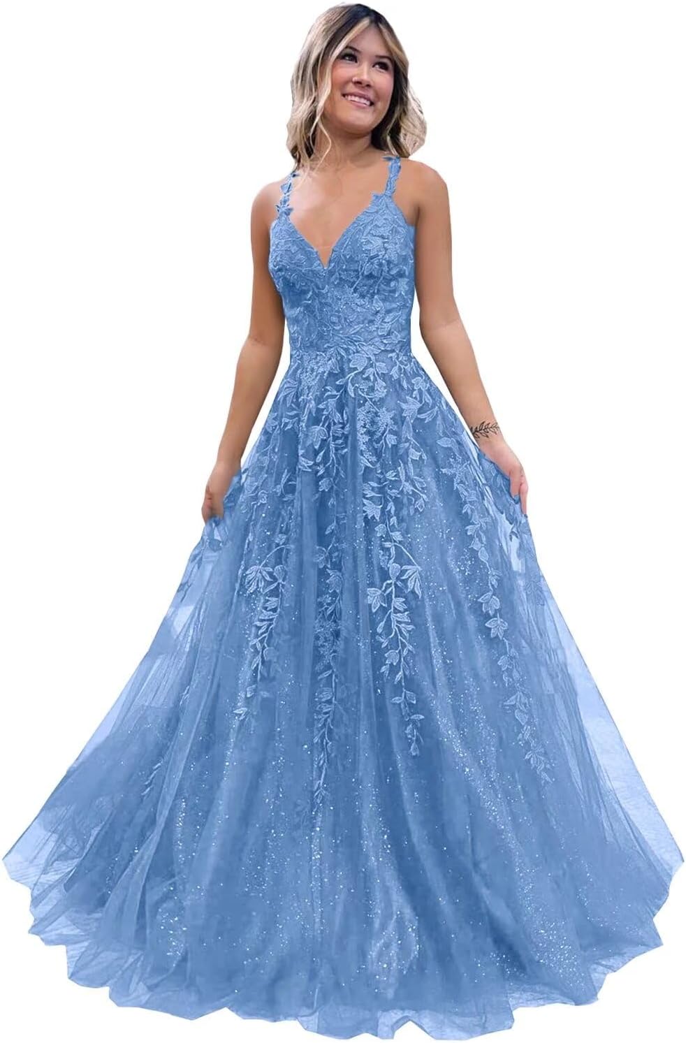 Tulle Lace Appliques Sparkly Prom Dresses A Line with Slit V Neck Formal Party Dress-BMbridal.UK