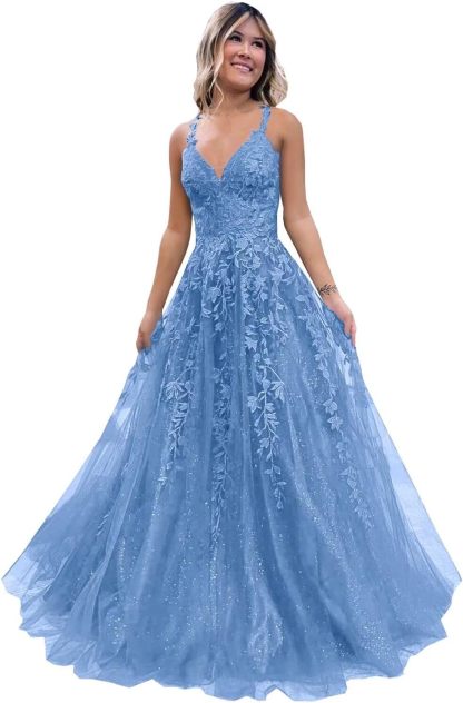 Tulle Lace Appliques Sparkly Prom Dresses A Line with Slit V Neck Formal Party Dress-BMbridal.UK
