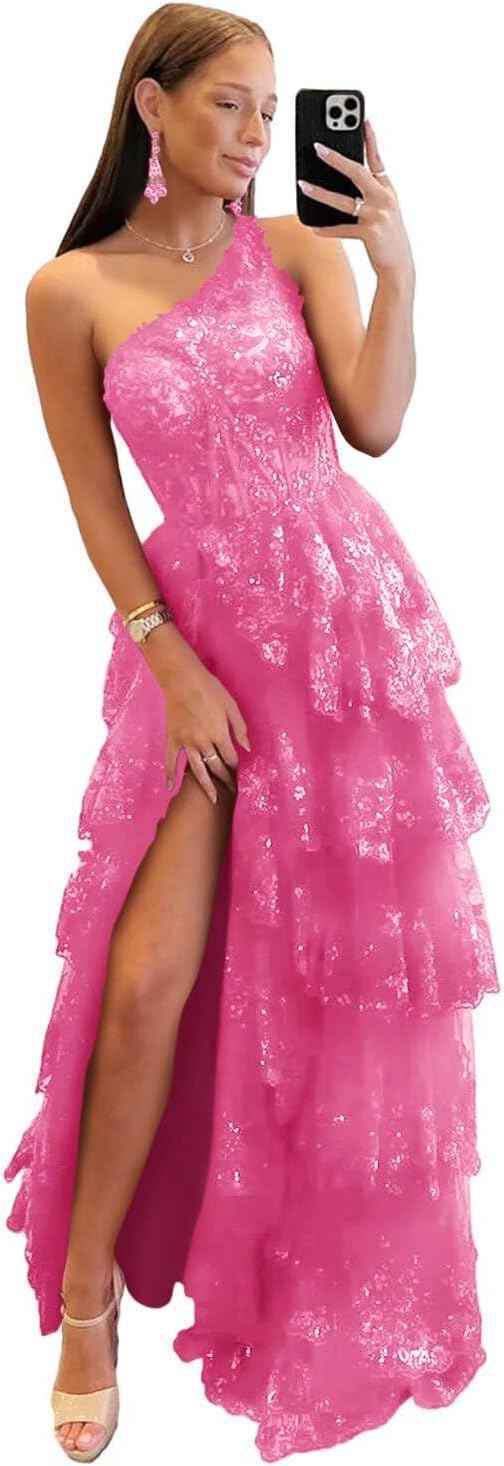 One Shoulder Lace Tulle Tiered Prom Dress Sparkly Sequined Applique Long Maxi Formal Evening Party Gowns 2025-BMbridal.UK