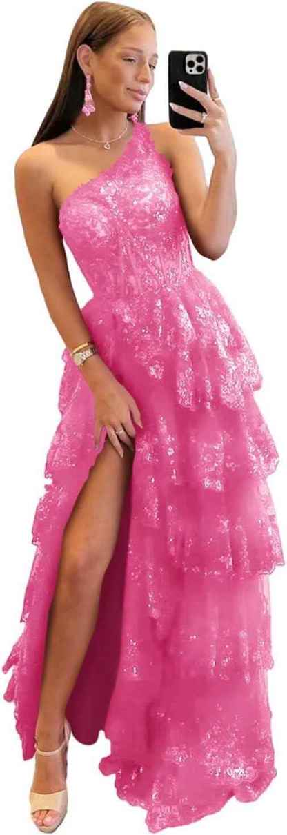 One Shoulder Lace Tulle Tiered Prom Dress Sparkly Sequined Applique Long Maxi Formal Evening Party Gowns 2025-BMbridal.UK