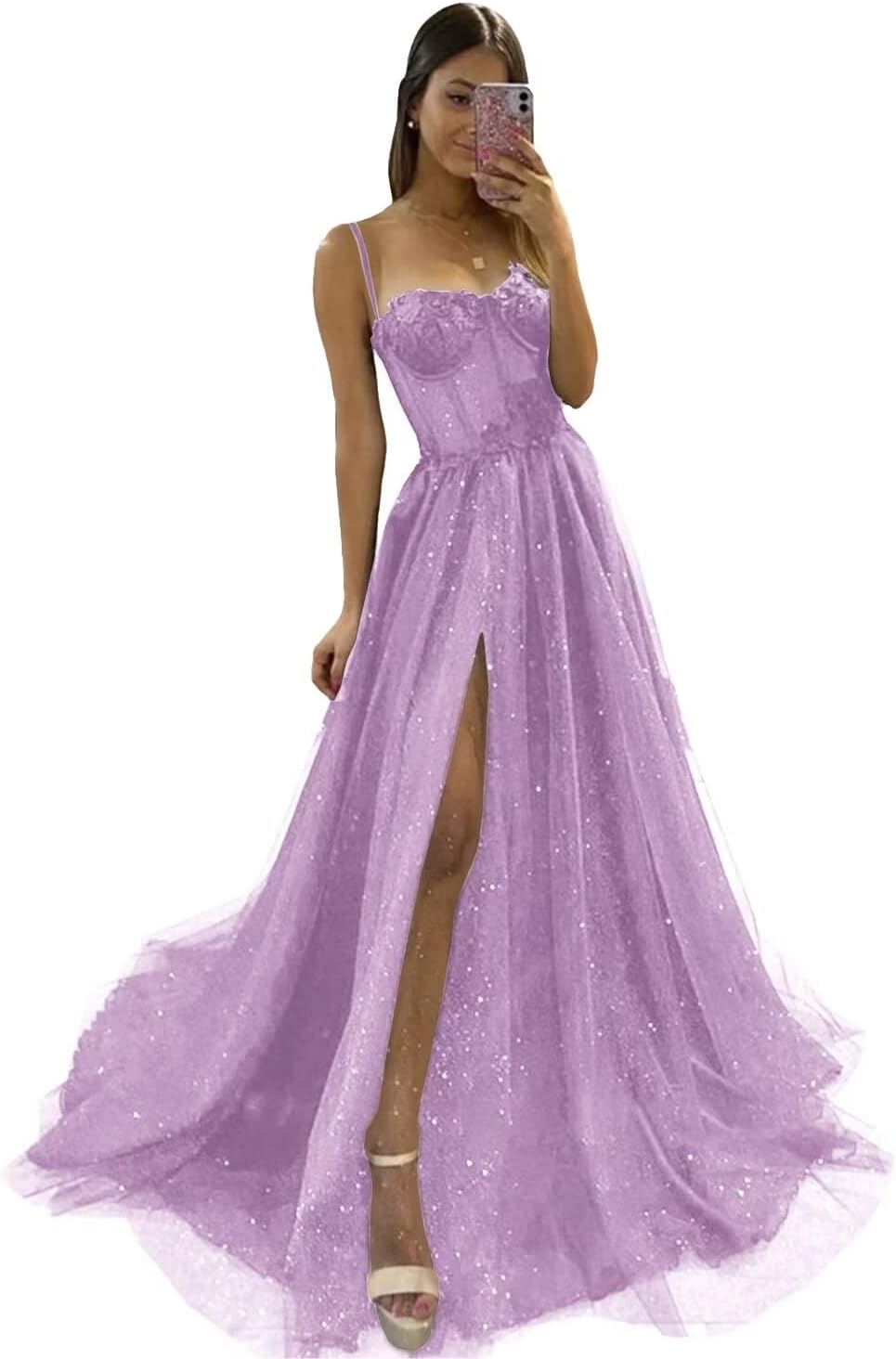Glitter Tulle Prom Dresses Long 2025 Spaghetti Straps Sweetheart 3D Flowers Evening Party Gowns with Slit-BMbridal.UK