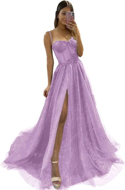 Glitter Tulle Prom Dresses Long 2025 Spaghetti Straps Sweetheart 3D Flowers Evening Party Gowns with Slit-BMbridal.UK