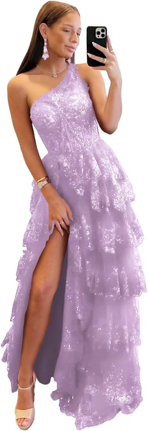One Shoulder Lace Tulle Tiered Prom Dress Sparkly Sequined Applique Long Maxi Formal Evening Party Gowns 2025-BMbridal.UK