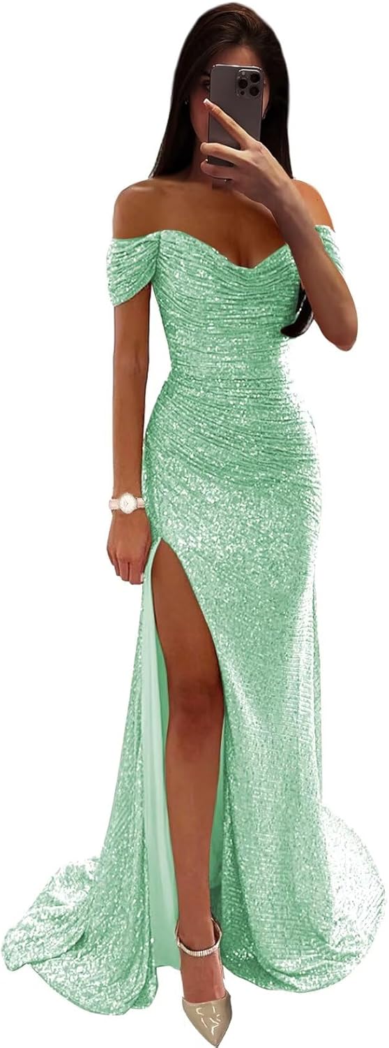 Sequin Prom Dresses for Women Off Shoulder V-Neck Long Ball Gown with Slit Formal Evening Party-BMbridal.UK