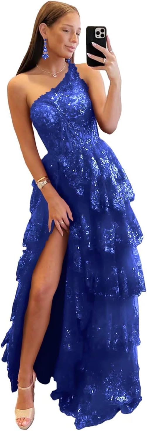 One Shoulder Lace Tulle Tiered Prom Dress Sparkly Sequined Applique Long Maxi Formal Evening Party Gowns 2025-BMbridal.UK