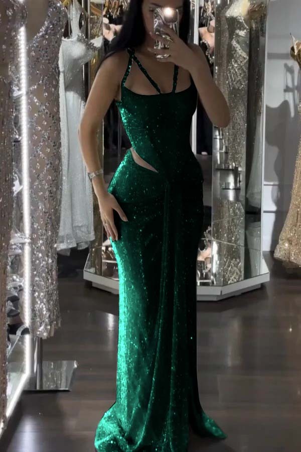 Straps Sleeveless Long Mermaid Prom Dress With Sequins Pleated