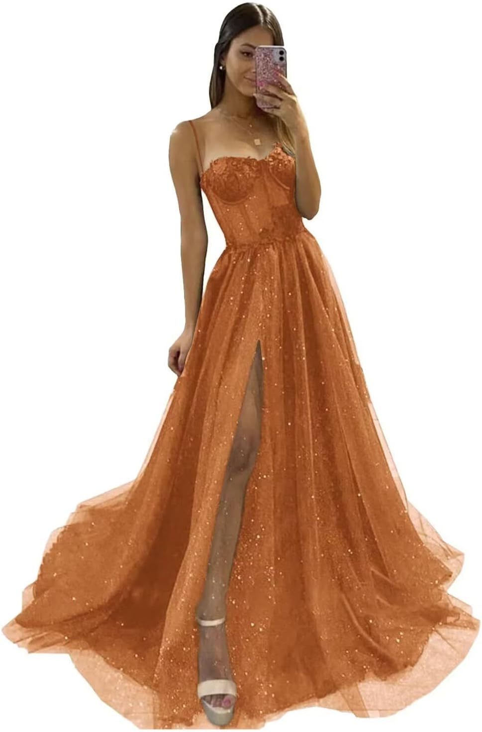 Glitter Tulle Prom Dresses Long 2025 Spaghetti Straps Sweetheart 3D Flowers Evening Party Gowns with Slit-BMbridal.UK
