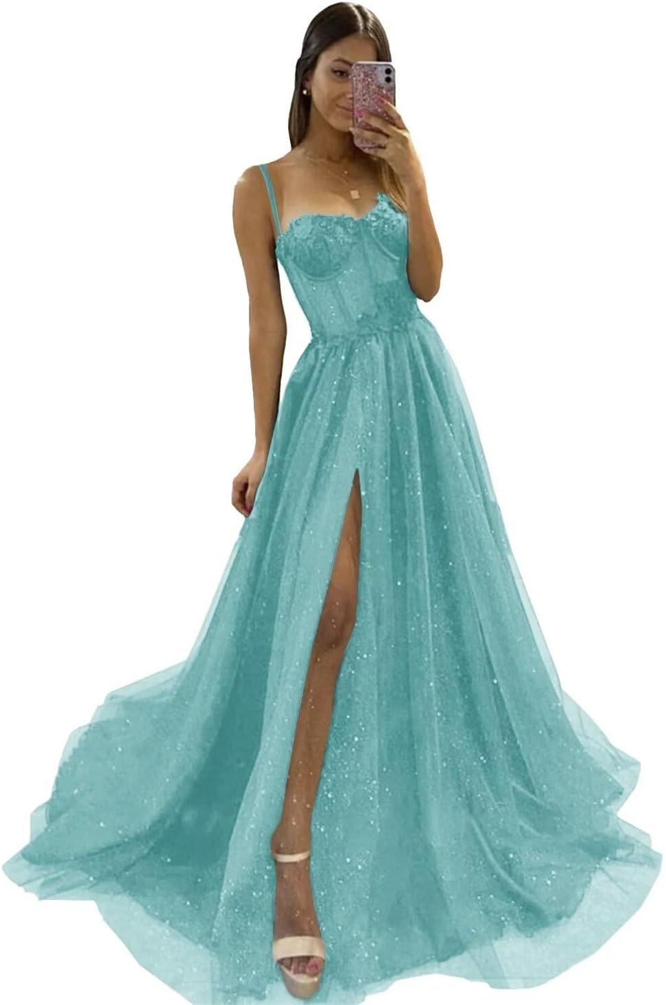 Glitter Tulle Prom Dresses Long 2025 Spaghetti Straps Sweetheart 3D Flowers Evening Party Gowns with Slit-BMbridal.UK