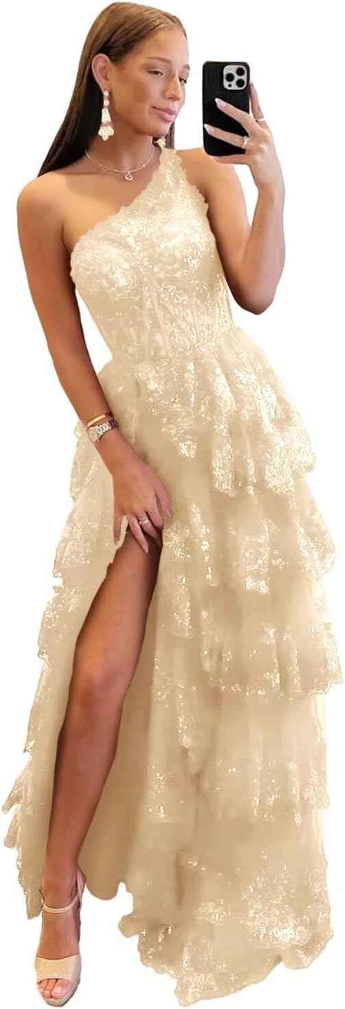 One Shoulder Lace Tulle Tiered Prom Dress Sparkly Sequined Applique Long Maxi Formal Evening Party Gowns 2025-BMbridal.UK