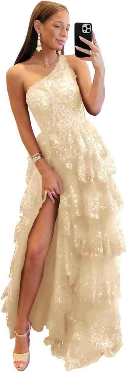 One Shoulder Lace Tulle Tiered Prom Dress Sparkly Sequined Applique Long Maxi Formal Evening Party Gowns 2025-BMbridal.UK