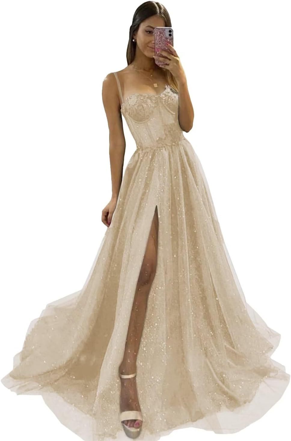 Glitter Tulle Prom Dresses Long 2025 Spaghetti Straps Sweetheart 3D Flowers Evening Party Gowns with Slit-BMbridal.UK