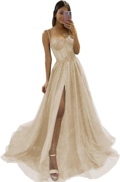 Glitter Tulle Prom Dresses Long 2025 Spaghetti Straps Sweetheart 3D Flowers Evening Party Gowns with Slit-BMbridal.UK