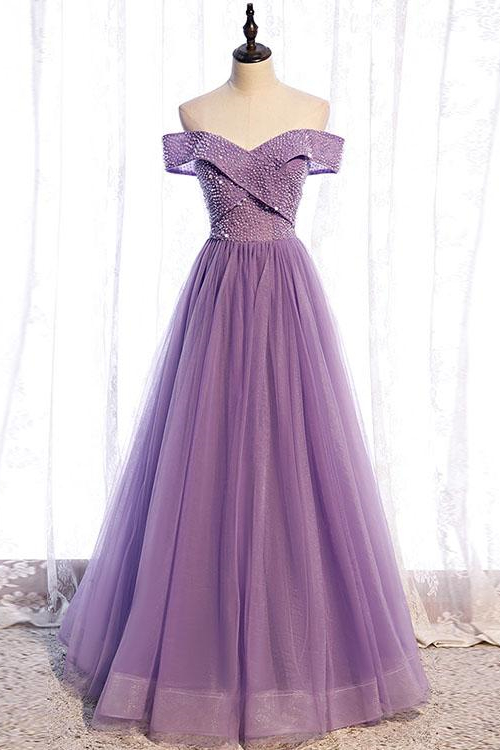 Purple Sequins Sleeveless A Line Long Prom Dress With Off the Shoulder
