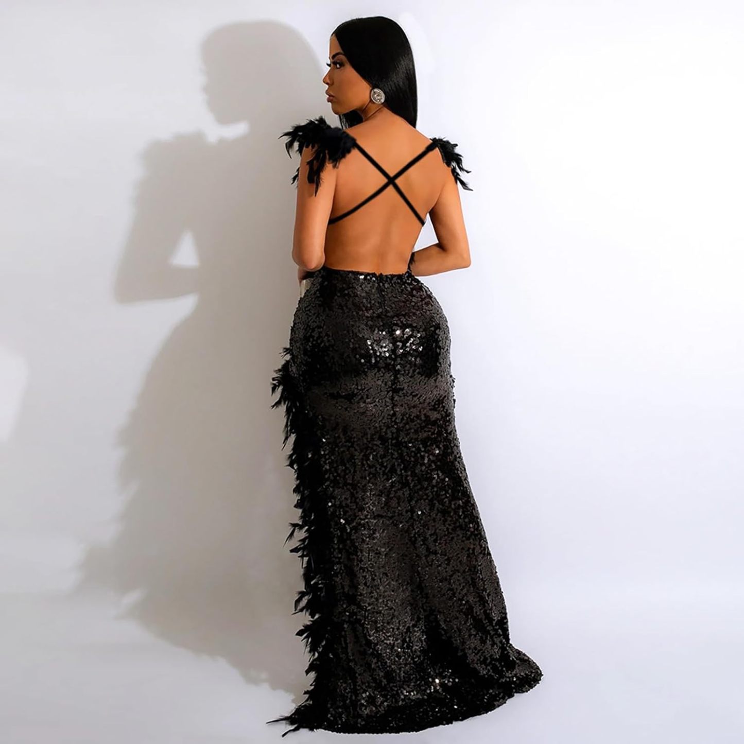 Women's Sexy Sequin Feather Prom Dresses 2025 High Slit Deep V Neck Evening Formal Masquerade Ball Gown Maxi Dress-BMbridal.UK