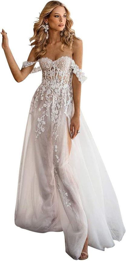 Women's Beach Spaghetti Strap Wedding Dresses for Bride 2025 Boho Long Lace Bridal Gowns for Wedding-BMbridal.UK