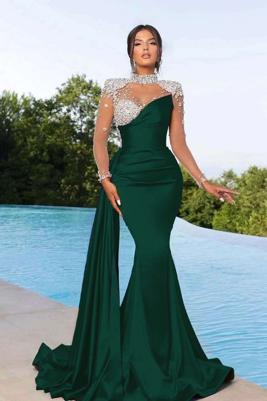 Bmbridal Black Long Sleeves Prom Dress Mermaid Crystal High Neck-BMbridal