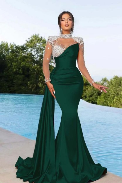 Bmbridal Black Long Sleeves Prom Dress Mermaid Crystal High Neck-BMbridal