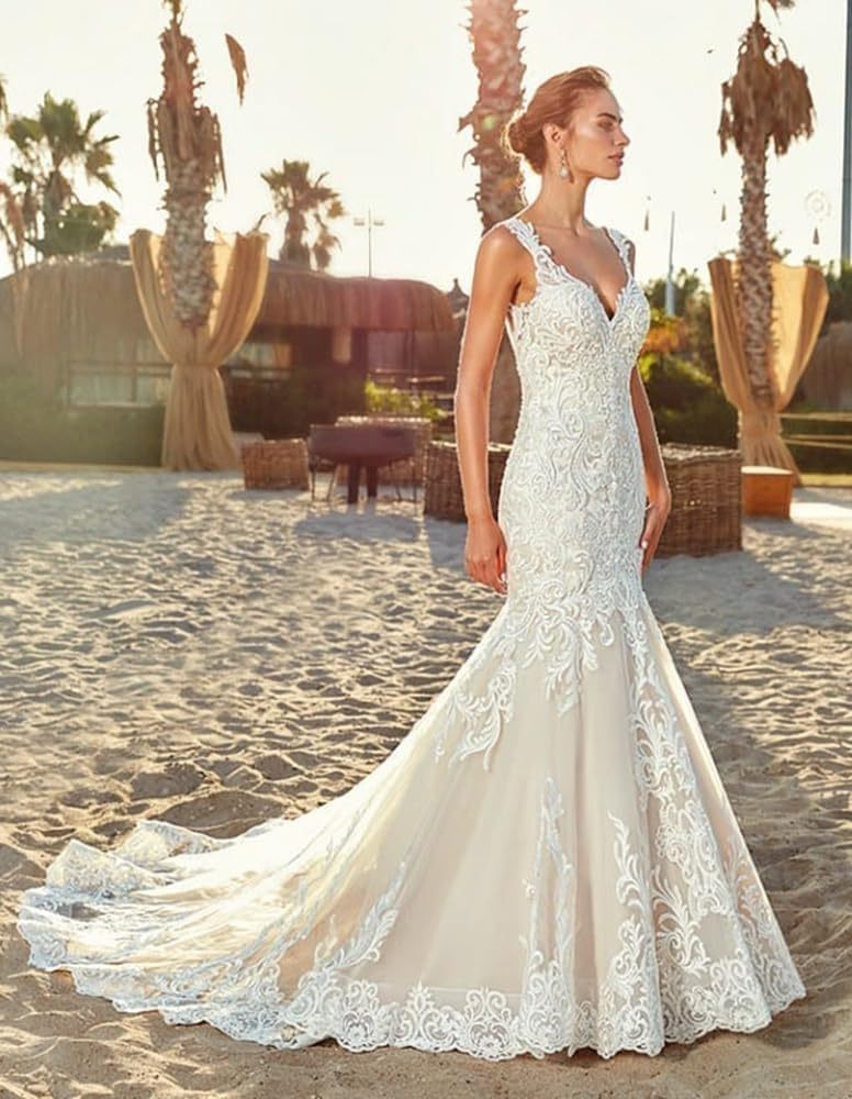 Loyeloy Women's Wedding Dresses for Bride 2025 Sexy V Neck Slit Lace Bridal Wedding Gowns for Bride YJ010-BMbridal.UK