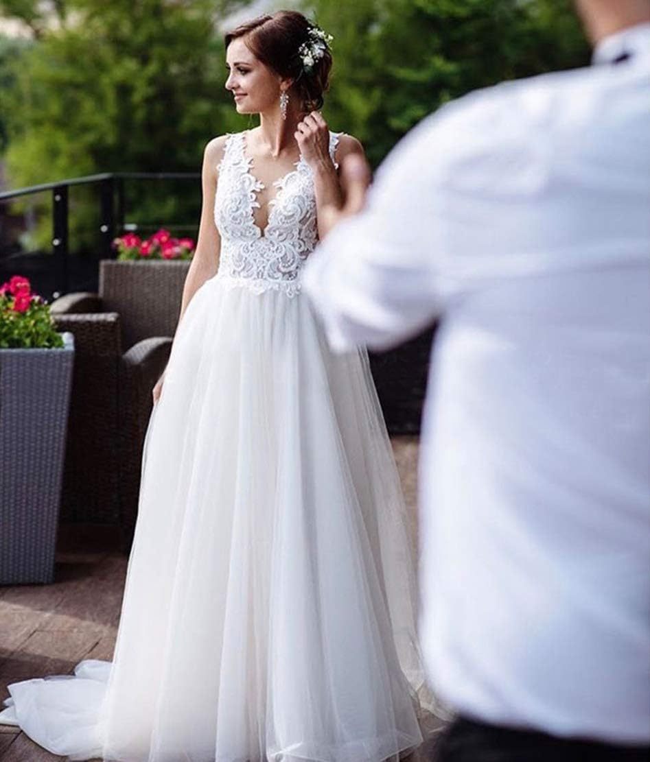 Loyeloy Women's Wedding Dresses for Bride 2025 Sexy V Neck Slit Lace Bridal Wedding Gowns for Bride YJ010-BMbridal.UK