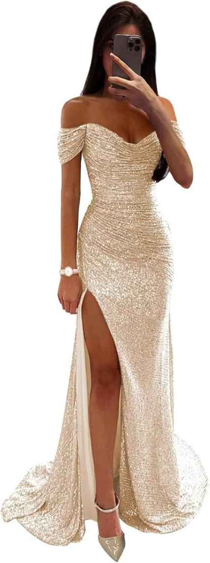 Sequin Prom Dresses for Women Off Shoulder V-Neck Long Ball Gown with Slit Formal Evening Party-BMbridal.UK