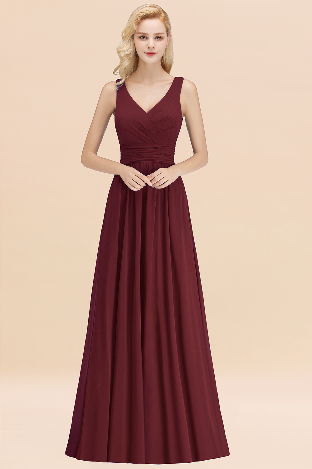 BMbridal Modest Sleeveless V-Neck Long Chiffon Bridesmaid Dress Online with Ruffle-BMbridal