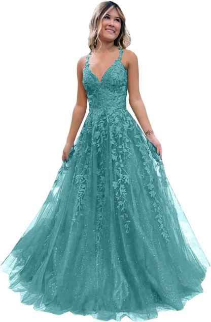 Tulle Lace Appliques Sparkly Prom Dresses A Line with Slit V Neck Formal Party Dress-BMbridal.UK