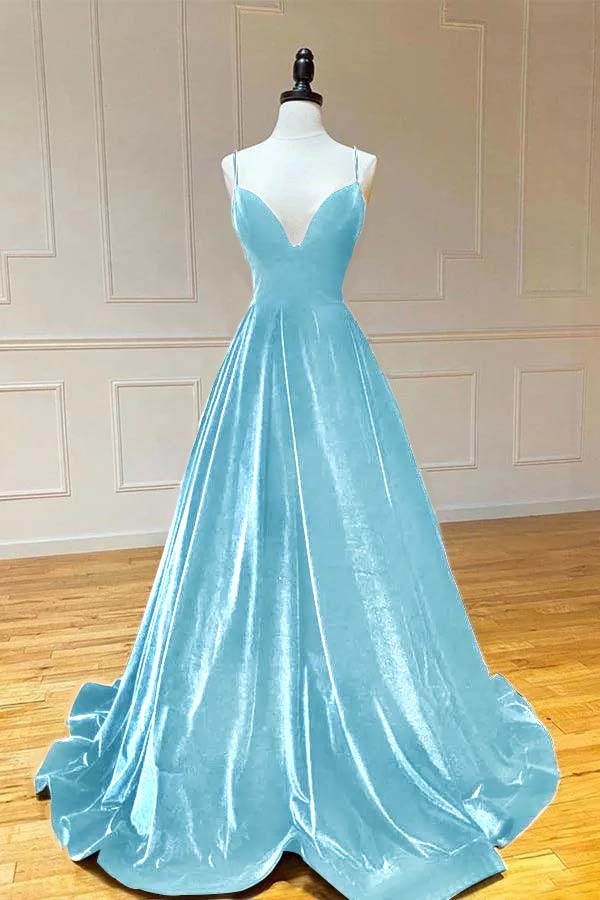 Spaghetti Strap V Neck Sleeveless Long Prom Dress With Pleated