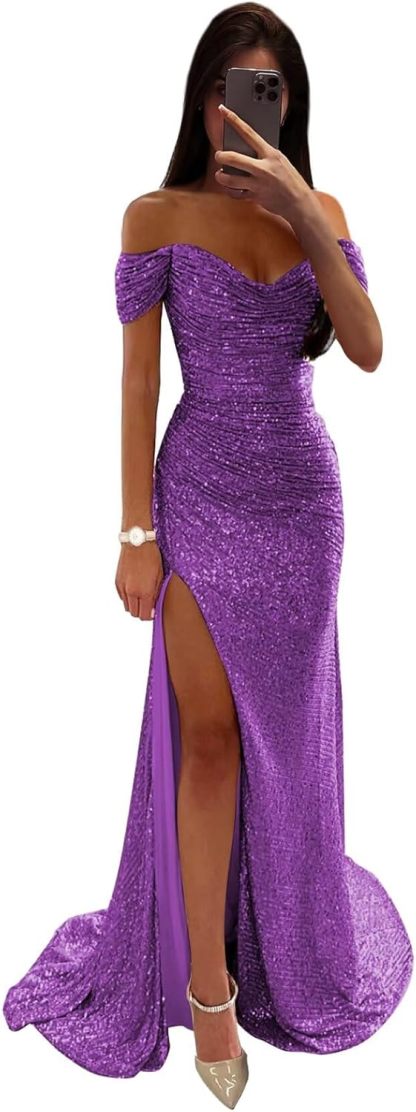 Sequin Prom Dresses for Women Off Shoulder V-Neck Long Ball Gown with Slit Formal Evening Party-BMbridal.UK