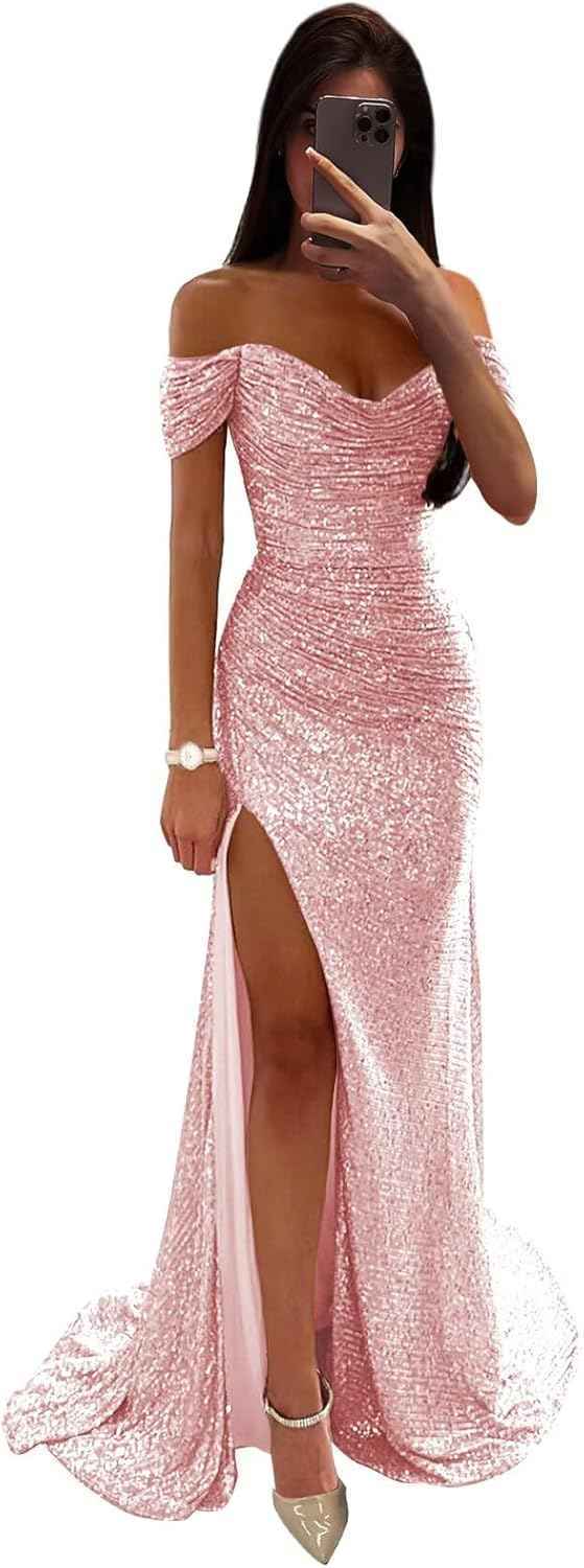 Sequin Prom Dresses for Women Off Shoulder V-Neck Long Ball Gown with Slit Formal Evening Party-BMbridal.UK