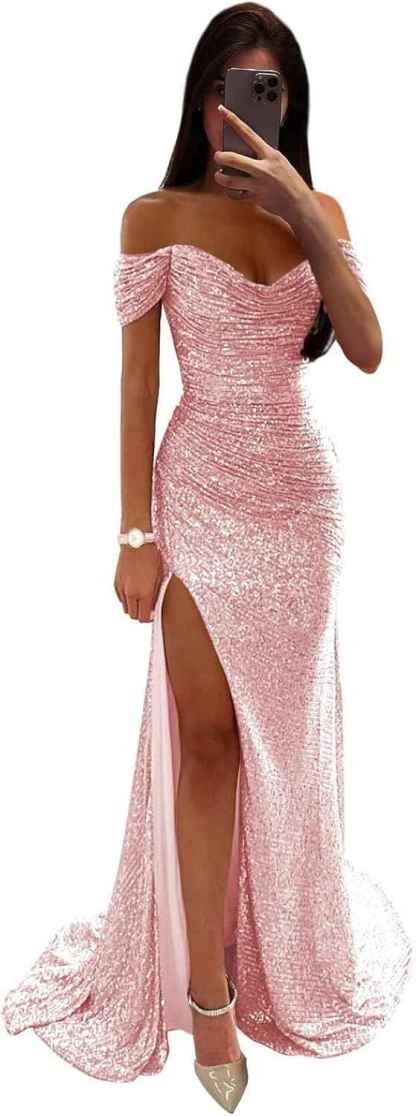 Sequin Prom Dresses for Women Off Shoulder V-Neck Long Ball Gown with Slit Formal Evening Party-BMbridal.UK