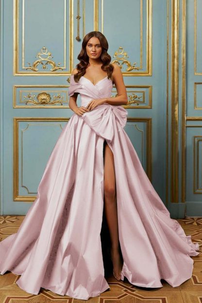 One Shoulder Sleeveless Long Split Prom Dress With Pleated Bowknot