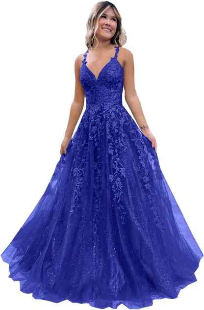 Tulle Lace Appliques Sparkly Prom Dresses A Line with Slit V Neck Formal Party Dress-BMbridal.UK
