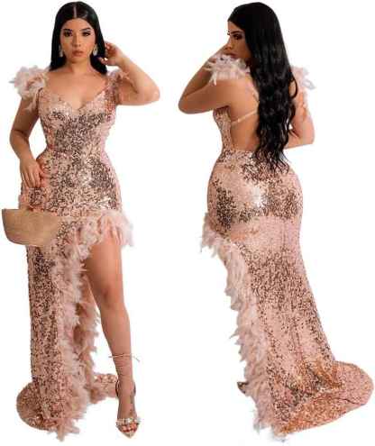 Women's Sexy Sequin Feather Prom Dresses 2025 High Slit Deep V Neck Evening Formal Masquerade Ball Gown Maxi Dress-BMbridal.UK