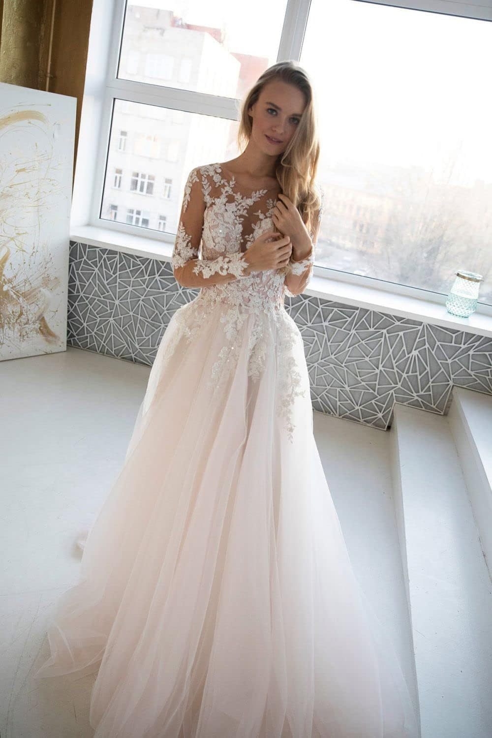 Loyeloy Women's Wedding Dresses for Bride 2025 Sexy V Neck Slit Lace Bridal Wedding Gowns for Bride YJ010-BMbridal.UK