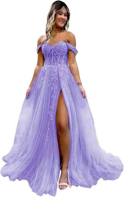 Off The Shoulder Tulle Prom Dresses with Slit Laces Applique Sweetheart Long Formal Evening Party Gowns-BMbridal.UK