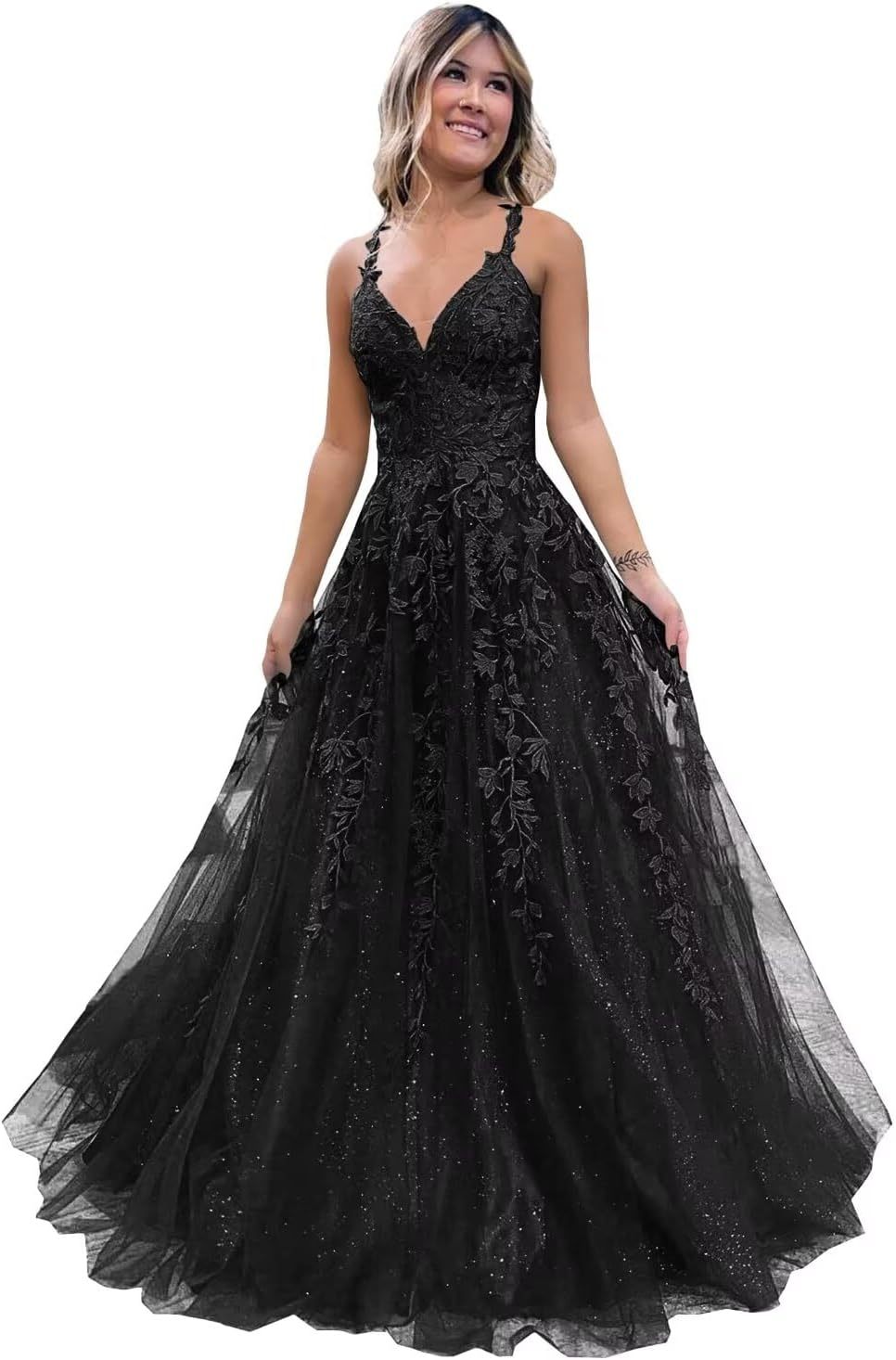 Tulle Lace Appliques Sparkly Prom Dresses A Line with Slit V Neck Formal Party Dress-BMbridal.UK