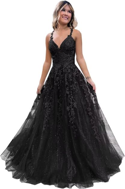 Tulle Lace Appliques Sparkly Prom Dresses A Line with Slit V Neck Formal Party Dress-BMbridal.UK