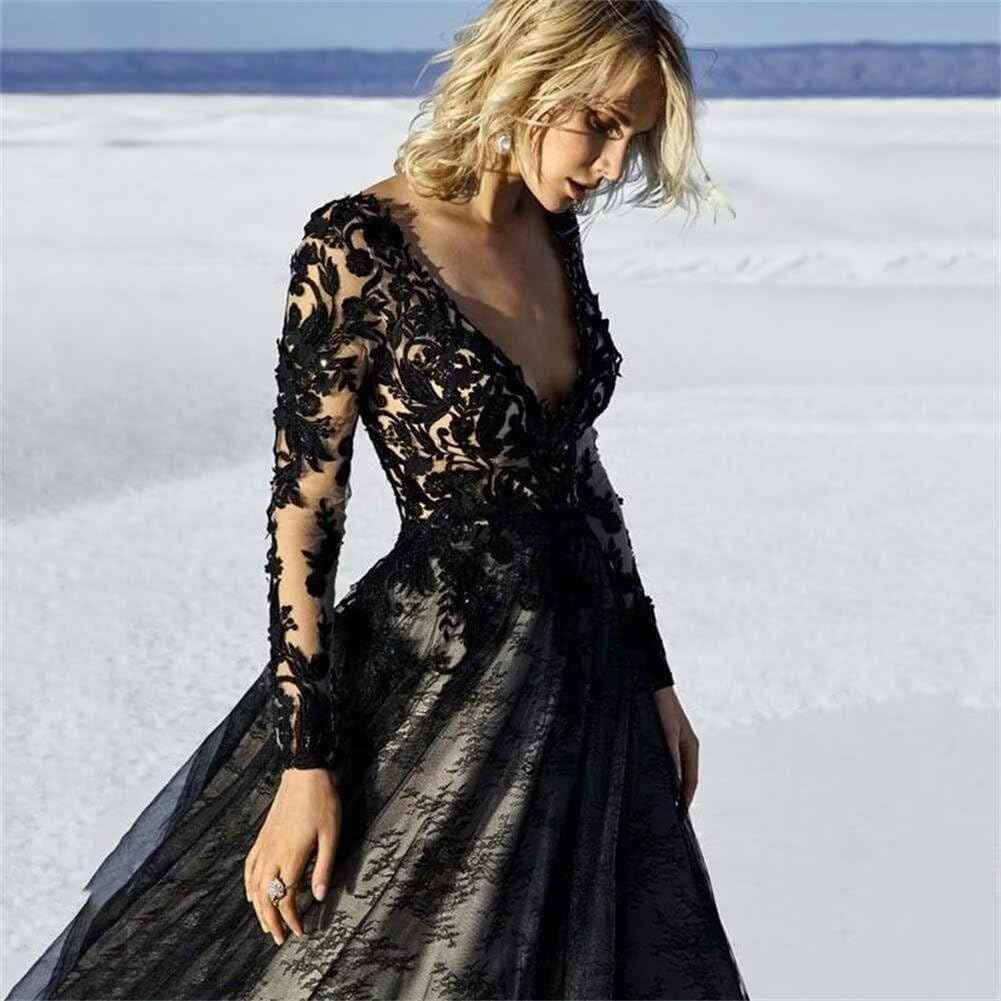Black Wedding Dresses for Bride Long Sleeve Bridal Gowns V Neck Lace Appliques Wedding Gowns with Train-BMbridal.UK