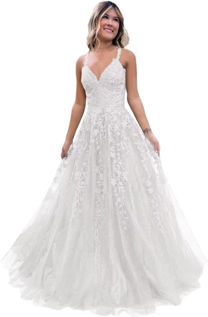 Tulle Lace Appliques Sparkly Prom Dresses A Line with Slit V Neck Formal Party Dress-BMbridal.UK