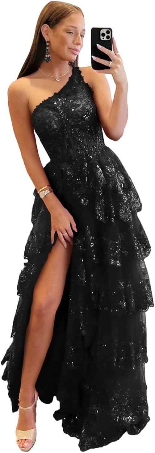 One Shoulder Lace Tulle Tiered Prom Dress Sparkly Sequined Applique Long Maxi Formal Evening Party Gowns 2025-BMbridal.UK