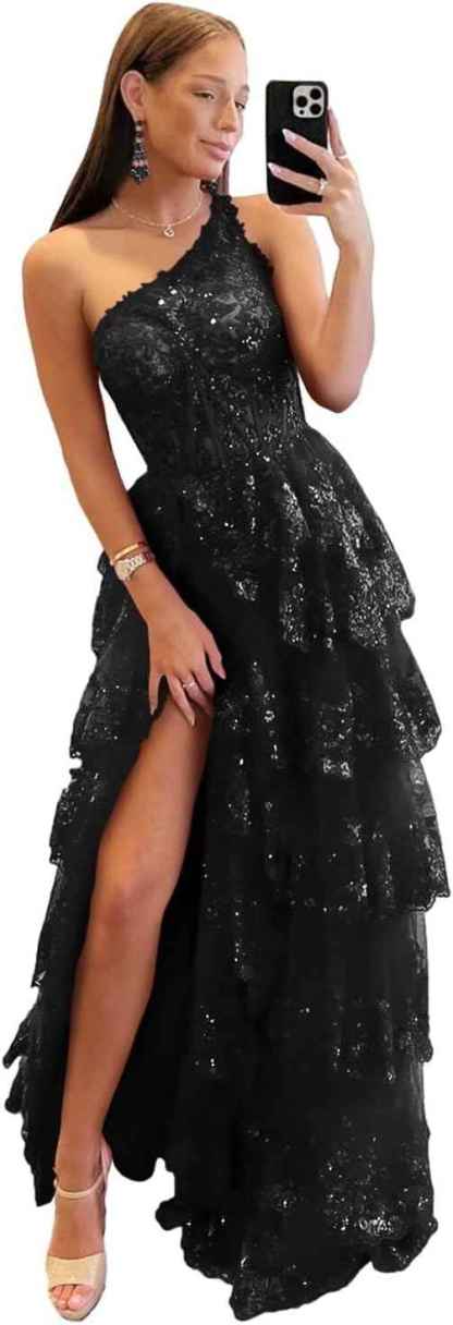 One Shoulder Lace Tulle Tiered Prom Dress Sparkly Sequined Applique Long Maxi Formal Evening Party Gowns 2025-BMbridal.UK