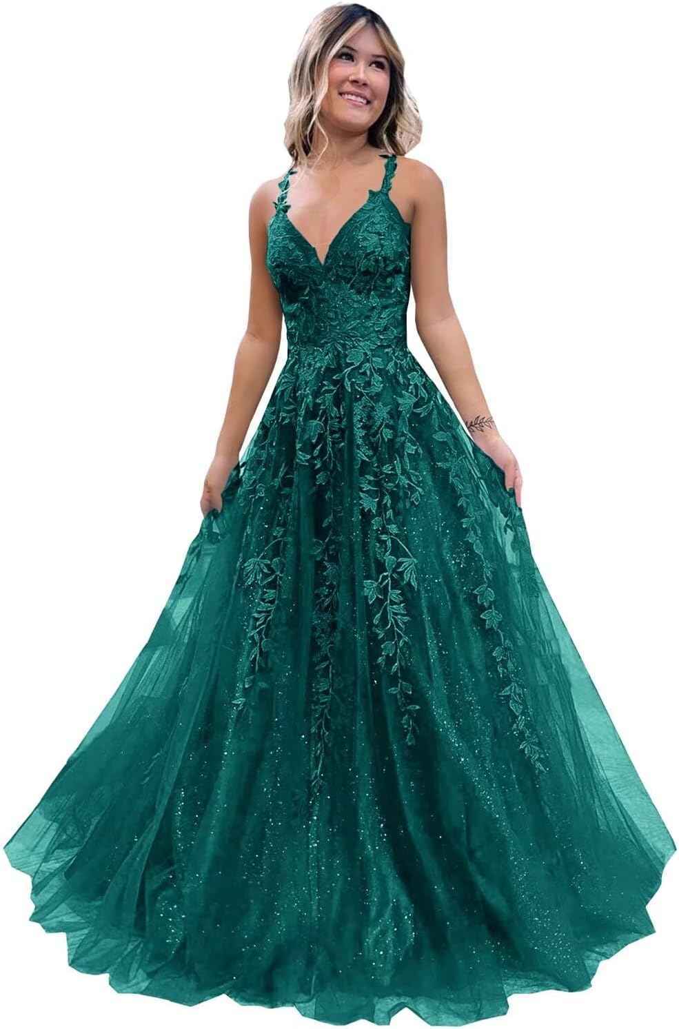 Tulle Lace Appliques Sparkly Prom Dresses A Line with Slit V Neck Formal Party Dress-BMbridal.UK